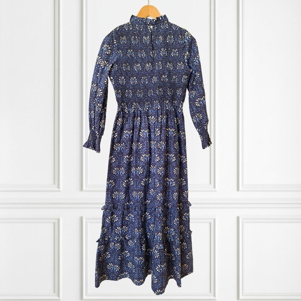 Pink City Prints Isabel Smocked Tiered Maxi Dress Small Midnight Vine Blue - Picture 10 of 10
